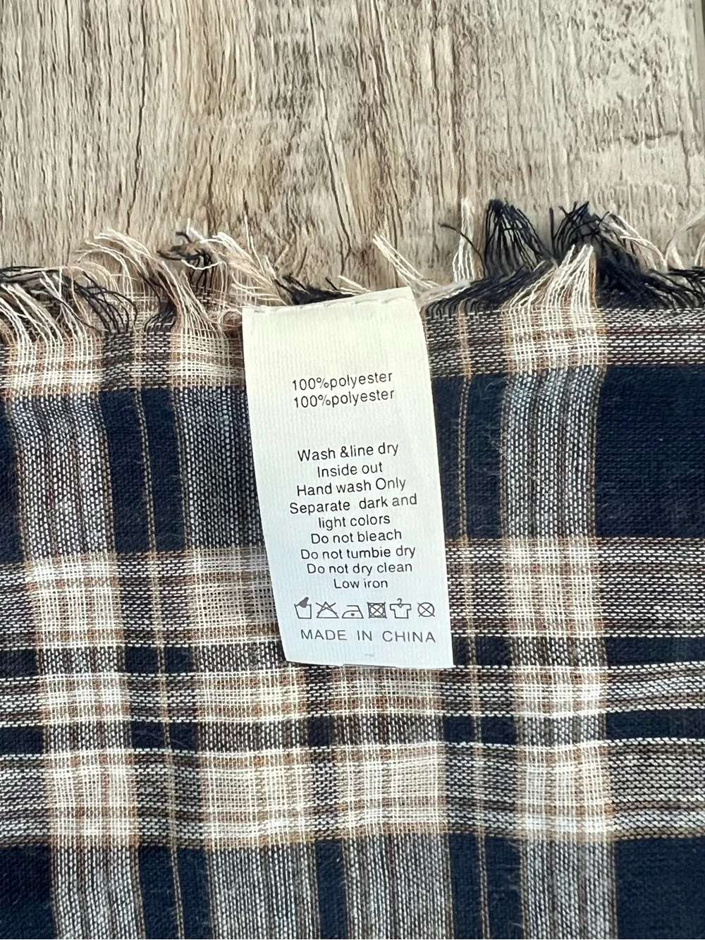 Navy Blue and Cream Plaid Blanket Scarf with Fringe Edge